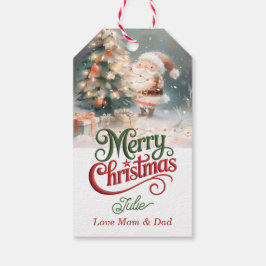 Tomte dekorerar julgran Julpresent tag Presentetikett