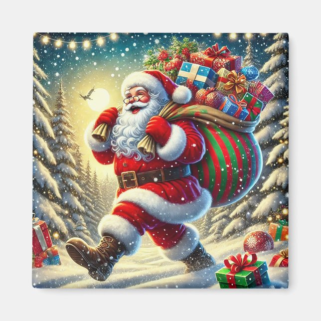 Tomte delar ut presenter på en snöig jul  magnet (Framsidan)