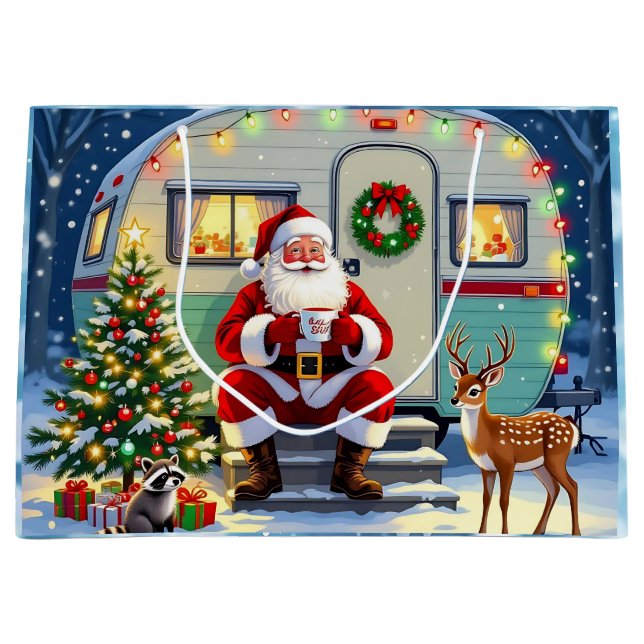 Tomte dricker varm choklad utanför sin husbil jul (Framsidan)
