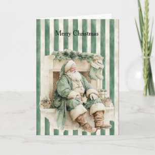 Tomte Eldstad Strumpor Gröna Ränder Jul Kort