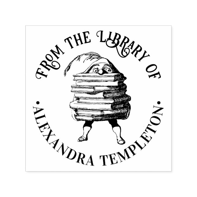 Tomte Elf som bär enorm bokstack Biblioteksnamn Självfärgande Stämpel (Design)