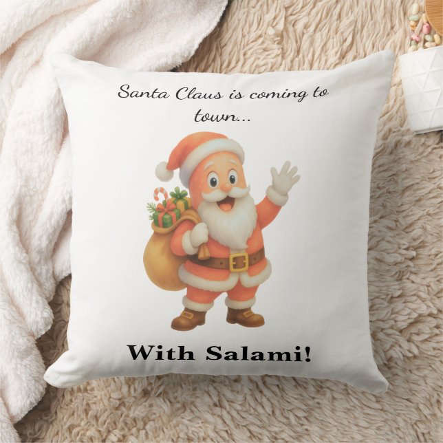 Tomte farbror kommer till stan.. Med Salami!  Kudde (Filt)