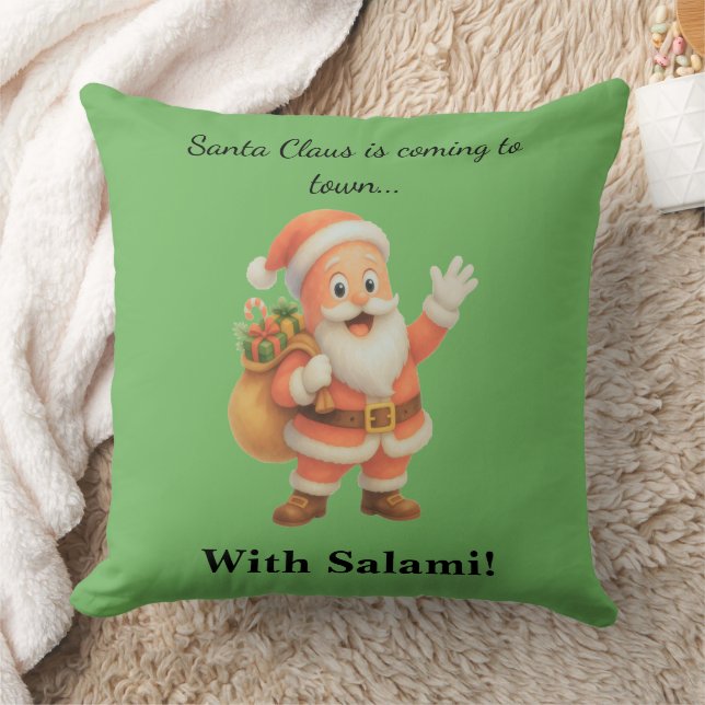 Tomte farbror kommer till stan.. Med Salami!  Kudde (Filt)