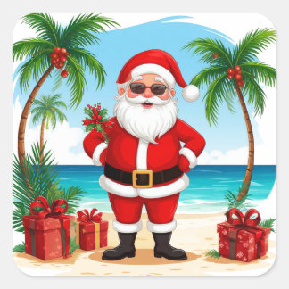 Tomte firar jul på tropisk strand fyrkantigt klistermärke
