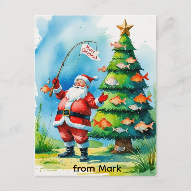 Tomte fiskar på julhelgen helg vykort (Framsida)