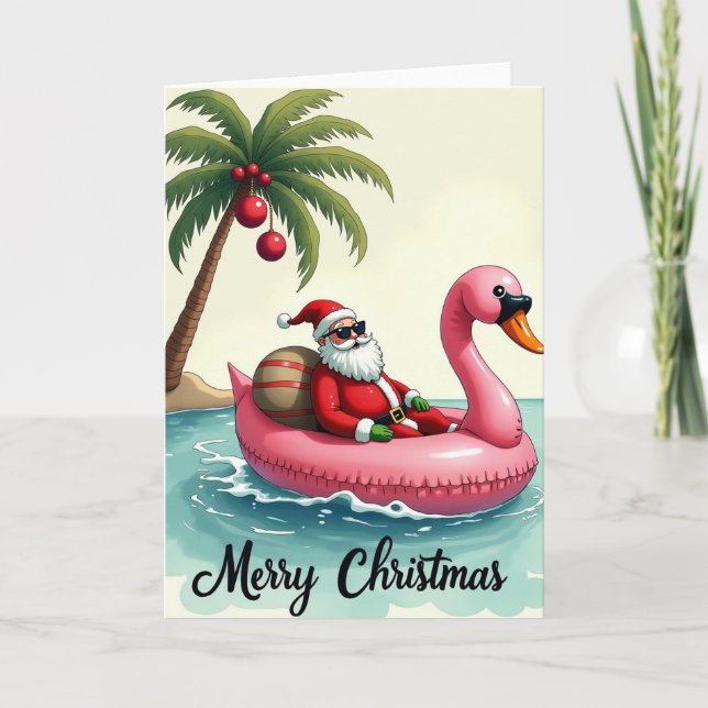 Tomte Flamingo Flytande God Jul Tropisk Kort (Framsida)