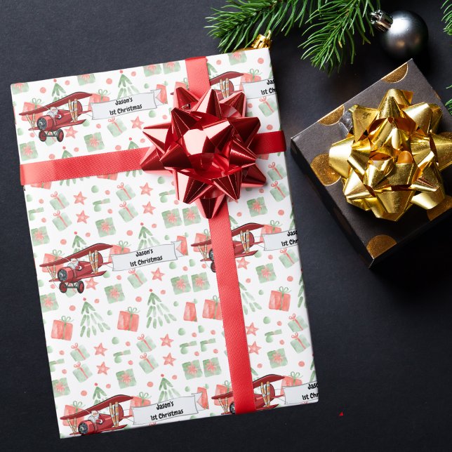 Tomte flygande flygplan, första julen personlig presentpapper (Skapare uppladdad)