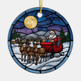 Tomte flyger över snöig by julgransprydnad keramik