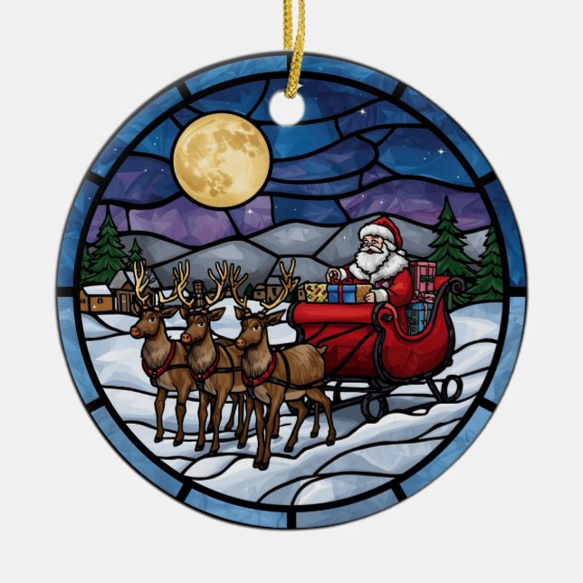 Tomte flyger över snöig by julgransprydnad keramik (Framsidan)