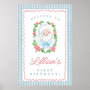Tomte födelsedags skylt med blå Gingham och rosor
