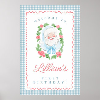 Tomte födelsedags skylt med blå Gingham och rosor