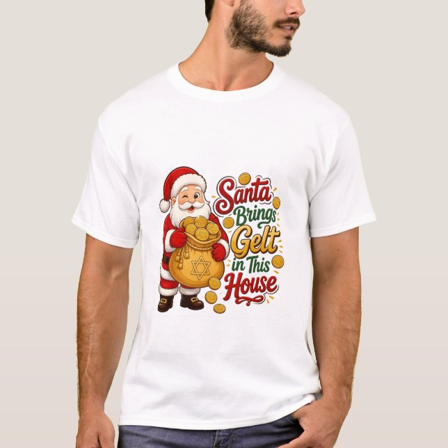 Tomte ger gelt i detta hus Christmukkah jude  T Shirt (Framsida)