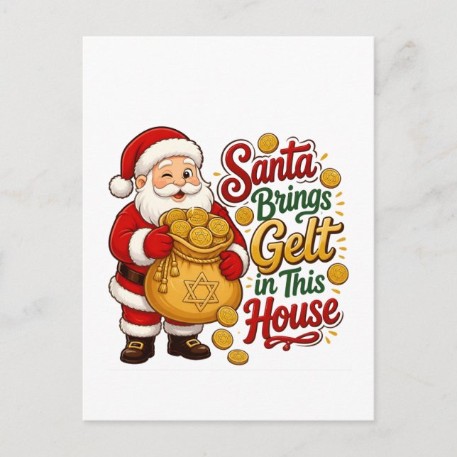 Tomte ger Gelt i detta hus Christmukkah jude  Vykort (Framsida)