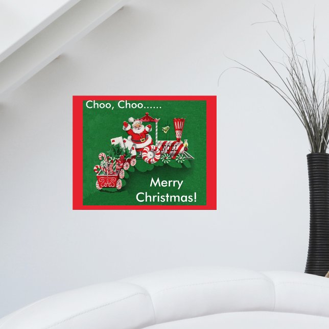 Tomte godståg poster (Santa riding red white train with candy canes letters on red green Merry Christmas wall poster.)