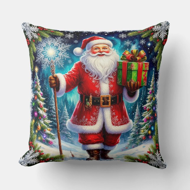 Tomte hållande en present bland vintersceneri kudde (Framsida)