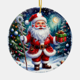 Tomte hållande en present i en magisk jul julgransprydnad keramik