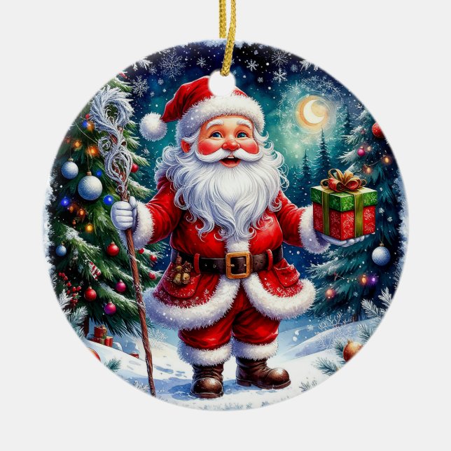 Tomte hållande en present i en magisk jul julgransprydnad keramik (Framsidan)