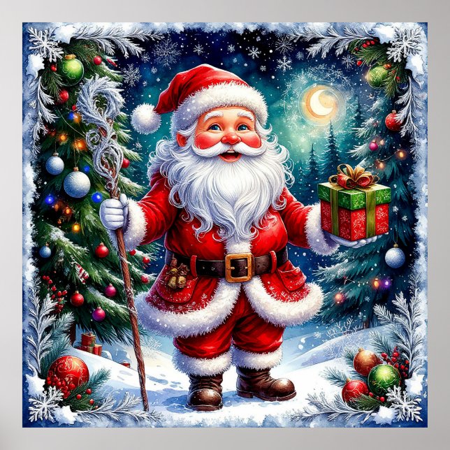 Tomte hållande en present i en magisk jul poster (Framsidan)