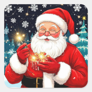 Tomte håller julpresent på en snöig natt fyrkantigt klistermärke