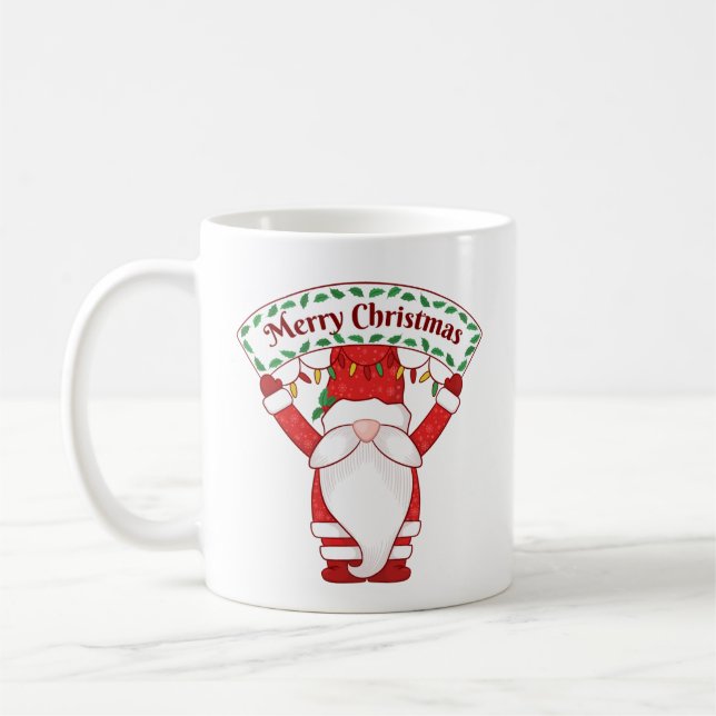 Tomte håller Merry Christmas Banner Kaffemugg (Vänster)