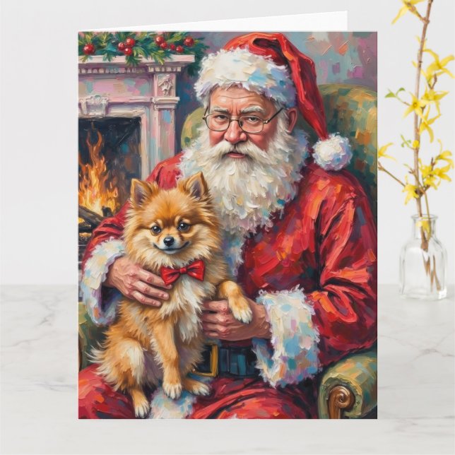 Tomte håller Pomeranian julkonst Kort (Gul blomma)