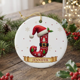 Tomte Hatt Röd Jul Bokstav J Namn Julgransprydnad Keramik
