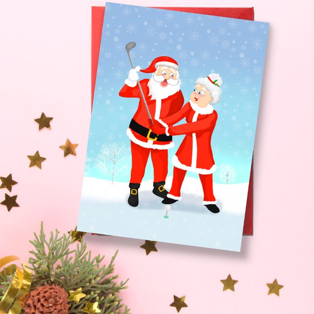 Tomte hjälper Mrs Claus med hennes golfsväng Kort (A sweet Christmas card for a married golfing couple. )