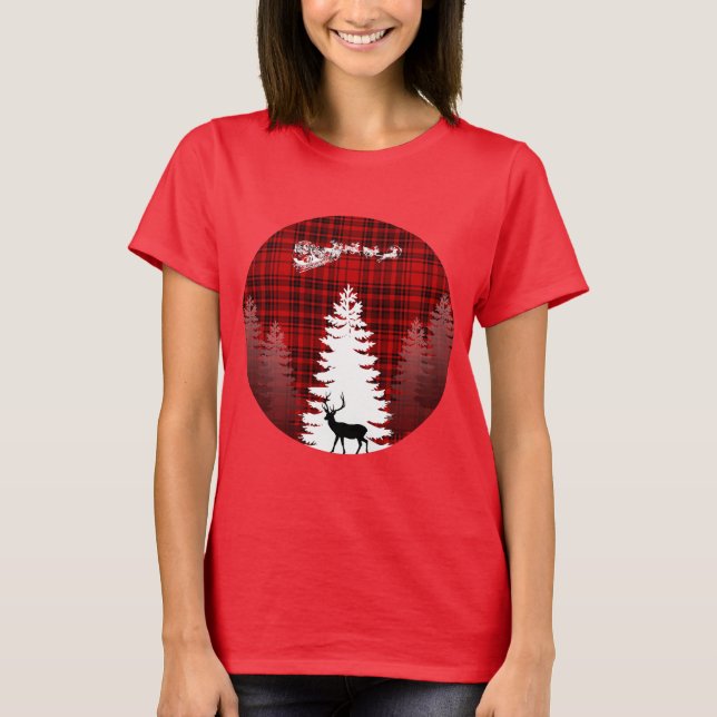tomte hjort julgran röd rutig plagg t shirt (Framsida)