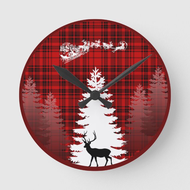 tomte hjort julgran röd rutig randig rund klocka (Framsida)