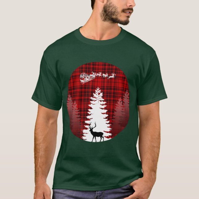 tomte hjort julgran röd rutig randig t shirt (Framsida)