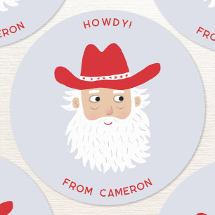 Tomte i cowboyhatt jul anpassad text runt klistermärke
