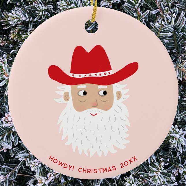 Tomte i cowboystövlar jul anpassad text julgransprydnad keramik (Fun Cowboy Santa Claus Western themed Christmas Holiday ceramic ornament with custom text)