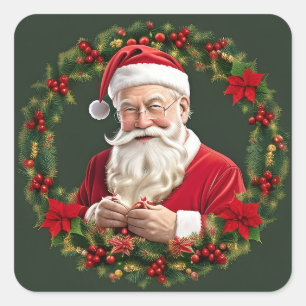 Tomte i en festlig krans fyrkantigt klistermärke