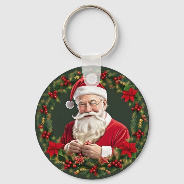 Tomte i en festlig krans nyckelring (Framsida)