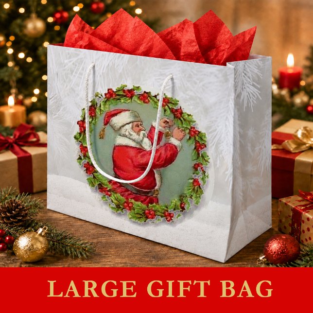 Tomte i en krans stor presentpåse (Santa in a Wreath Large Gift Bag)