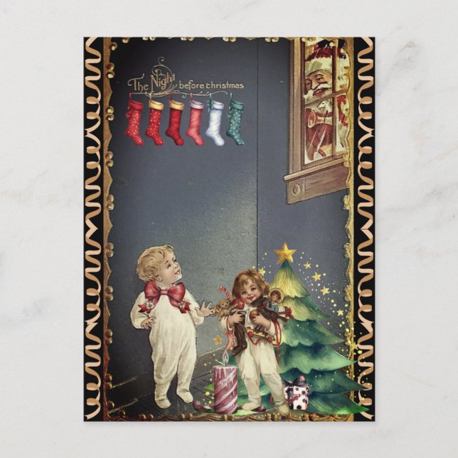 Tomte i fönster barn kvällen före jul vykort (Framsida)