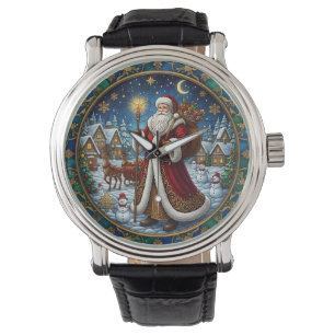 Tomte i glasmålning julscene armbandsur