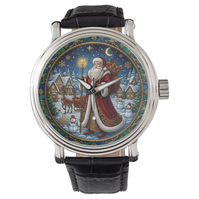 Tomte i glasmålning julscene armbandsur (Framsida)