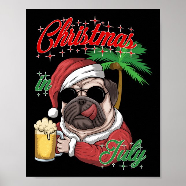 Tomte i juli jul puggle tomtedräkt hund dricker poster (Framsidan)