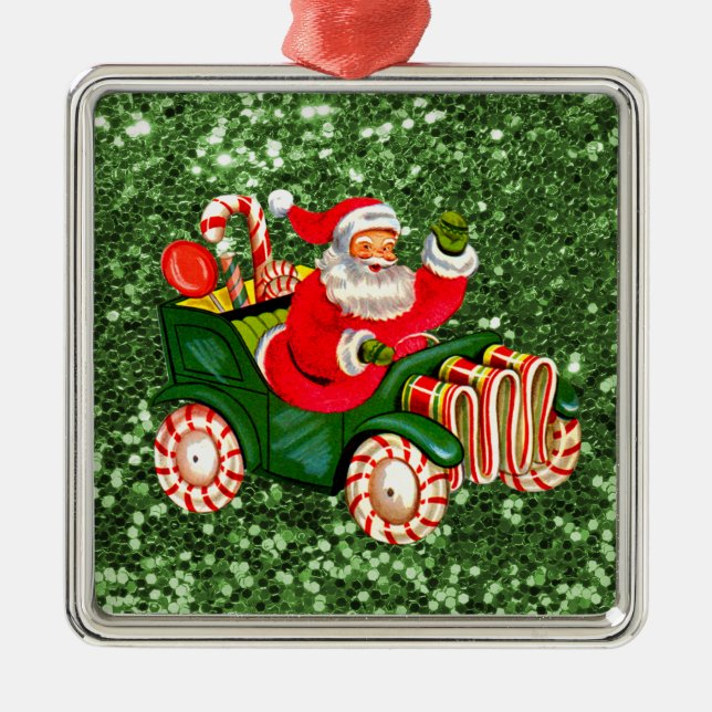 Tomte i pepparmintgodisbil med grön falsk glitter julgransprydnad metall (Framsidan)