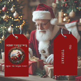 Tomte i släde Julkort Presentetikett