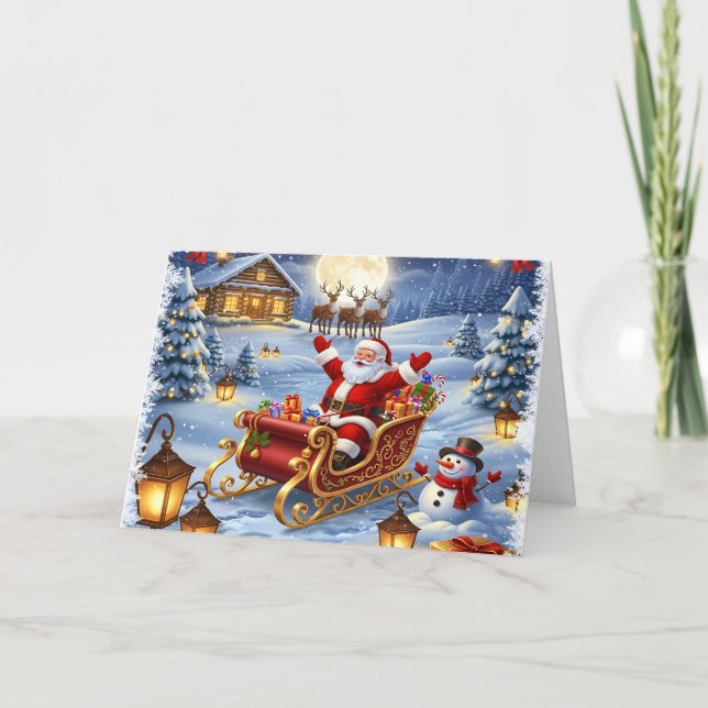 Tomte i slädfirande julkort helgkort (Framsida)