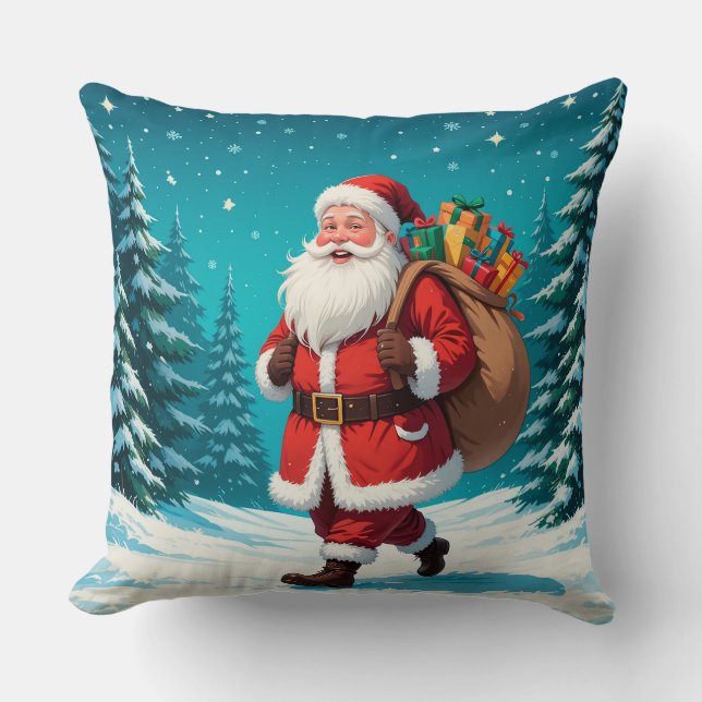Tomte jublar medan han går i en snöig vinter kudde (Framsida)