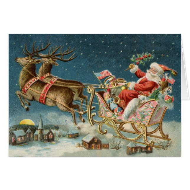 Tomte jul gammal vagn renar hälsningskort (Framsidan Horizontal)