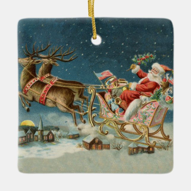 Tomte jul gammal vagn renar julgransprydnad keramik (Framsida)