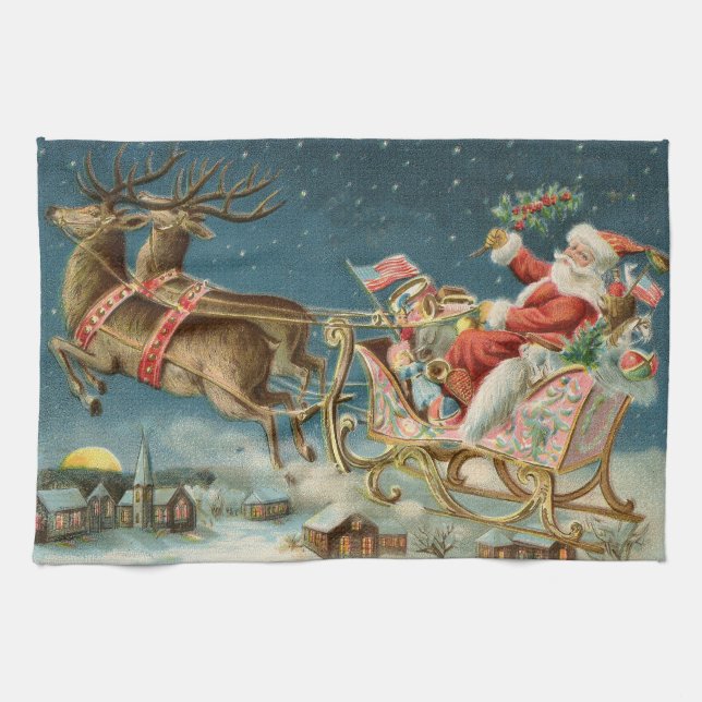 Tomte jul gammal vagn renar kökshandduk (Horisontell)