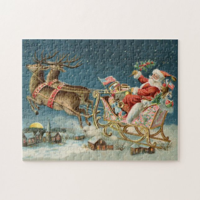 Tomte jul gammal vagn renar pussel (Horisontell)