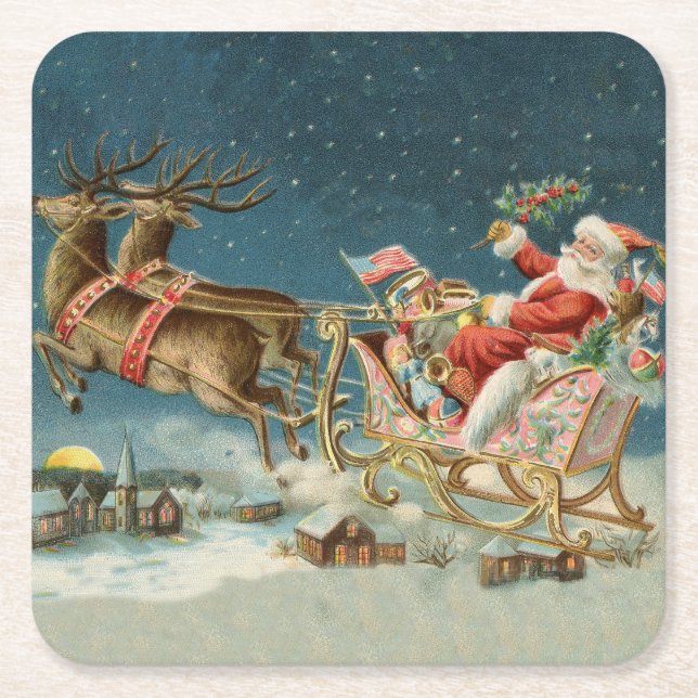 Tomte jul gammal vagn renar underlägg papper kvadrat (Framsidan)
