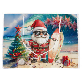 Tomte jul i juli på stranden surfar