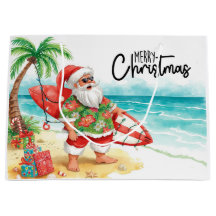 Tomte jul i juli på stranden surfar